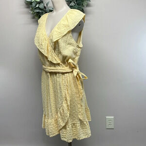 LC Lauren Conrad Yellow Eyelet Ruffle Faux Wrap Sleeveless Dress L